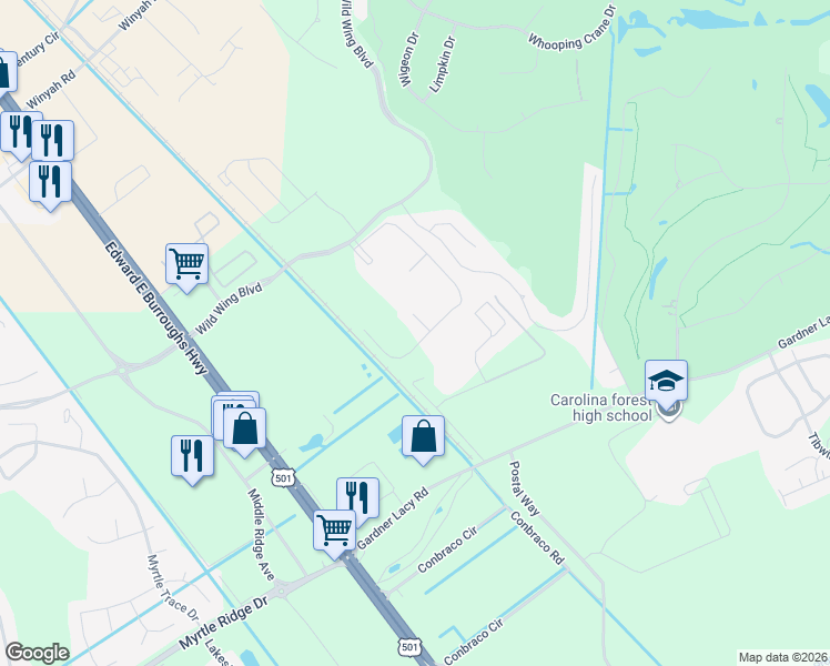 map of restaurants, bars, coffee shops, grocery stores, and more near 334 Kiskadee Loop in Conway