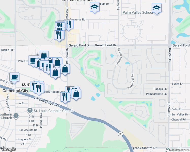 map of restaurants, bars, coffee shops, grocery stores, and more near 229 Calle Leandro in Cathedral City