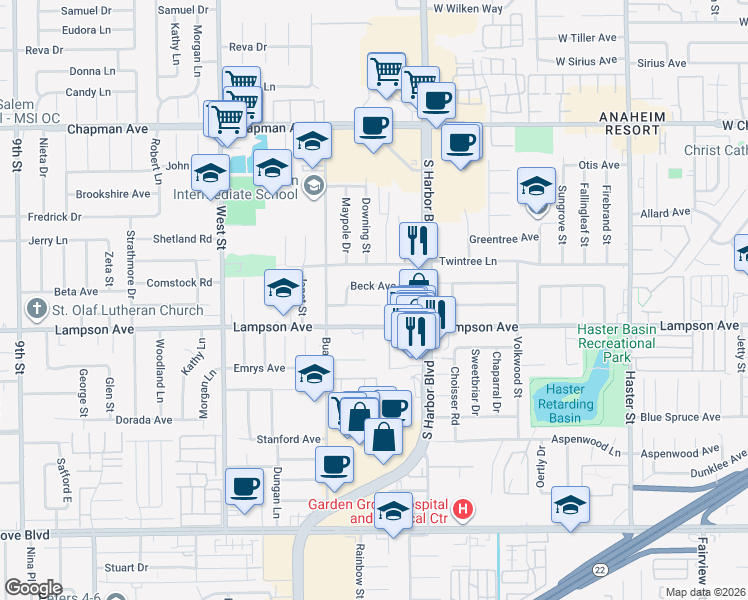 map of restaurants, bars, coffee shops, grocery stores, and more near 12392 Beck Avenue in Garden Grove