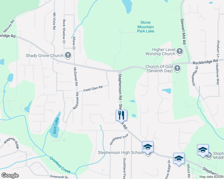 map of restaurants, bars, coffee shops, grocery stores, and more near 449 Stephenson Road in Stone Mountain
