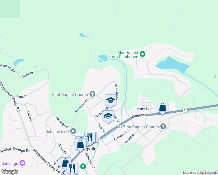 map of restaurants, bars, coffee shops, grocery stores, and more near 267 McGinnis Street in Springville
