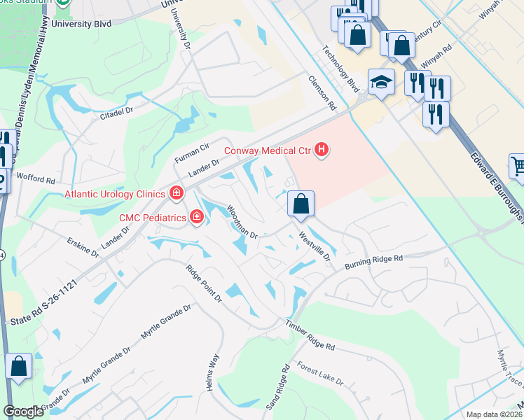 map of restaurants, bars, coffee shops, grocery stores, and more near 260 Myrtle Greens Drive in Conway