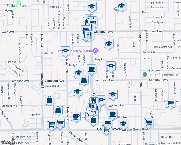 map of restaurants, bars, coffee shops, grocery stores, and more near 12391 Euclid Street in Garden Grove