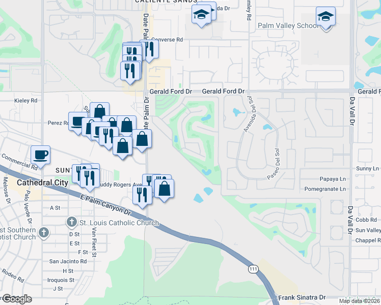 map of restaurants, bars, coffee shops, grocery stores, and more near 221 Calle Leandro in Cathedral City