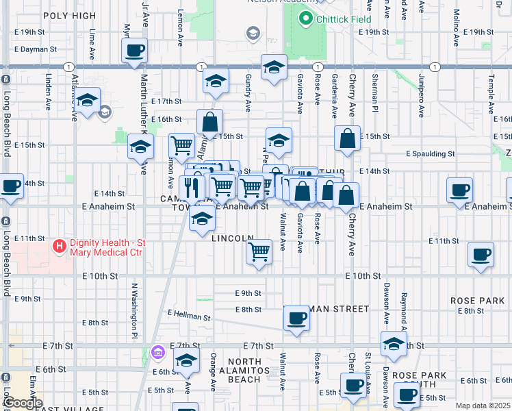 map of restaurants, bars, coffee shops, grocery stores, and more near 1401 East Anaheim Street in Long Beach