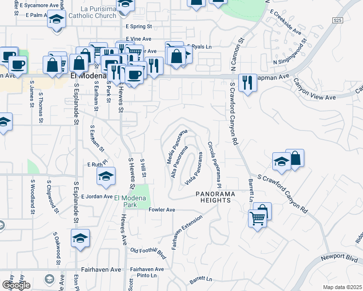 map of restaurants, bars, coffee shops, grocery stores, and more near 12282 Alta Panorama in Santa Ana