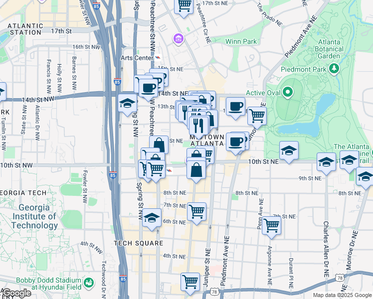 map of restaurants, bars, coffee shops, grocery stores, and more near 1000 Peachtree Street Northeast in Atlanta
