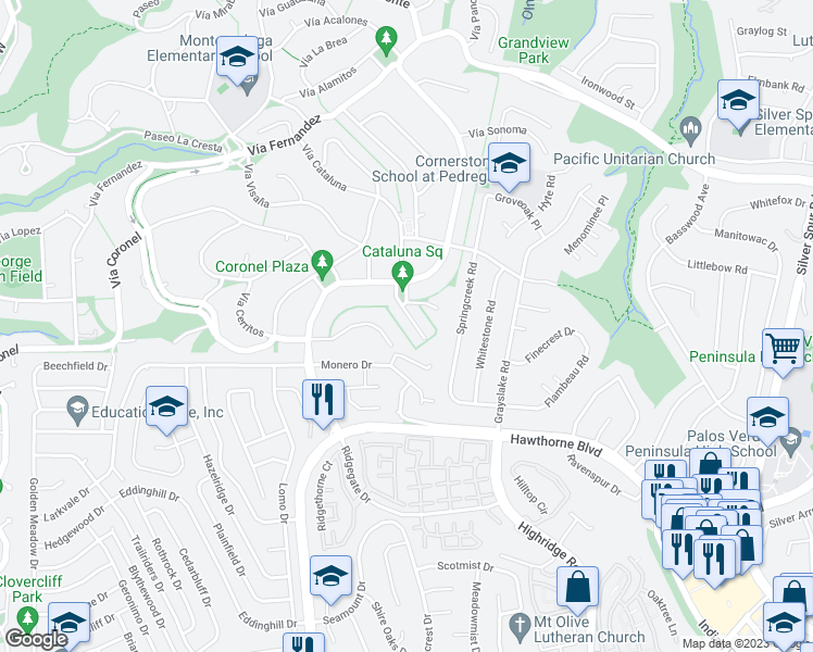 map of restaurants, bars, coffee shops, grocery stores, and more near 1633 Cataluna Place in Palos Verdes Peninsula