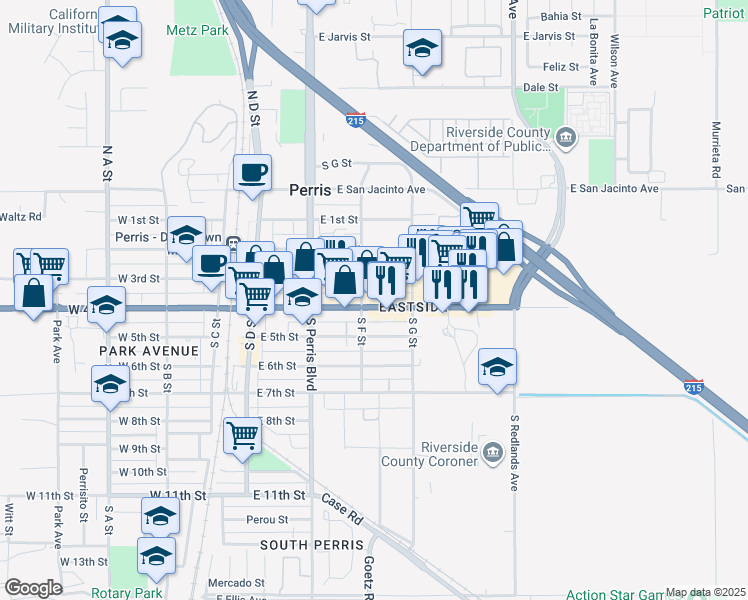 map of restaurants, bars, coffee shops, grocery stores, and more near 309 East 3rd Street in Perris