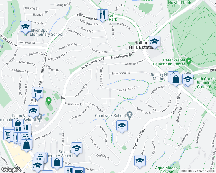 map of restaurants, bars, coffee shops, grocery stores, and more near 34 Shady Vista Road in Rolling Hills Estates