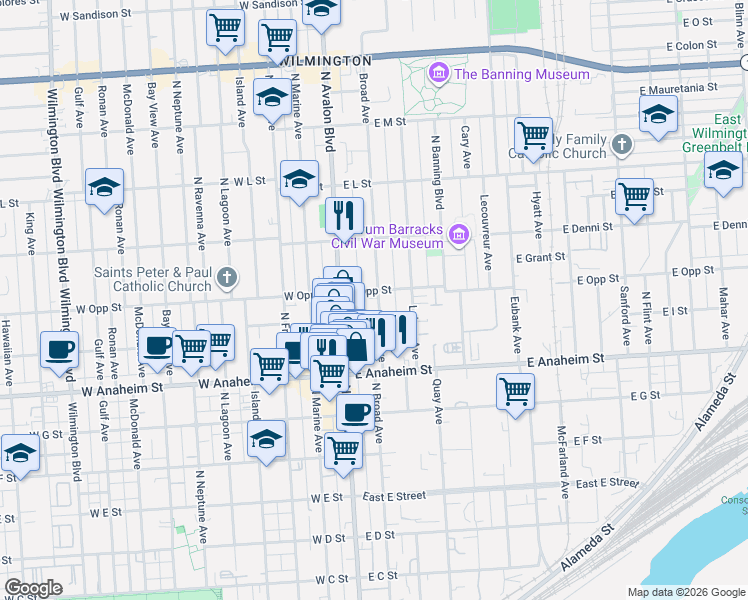map of restaurants, bars, coffee shops, grocery stores, and more near 943 Broad Avenue in Los Angeles