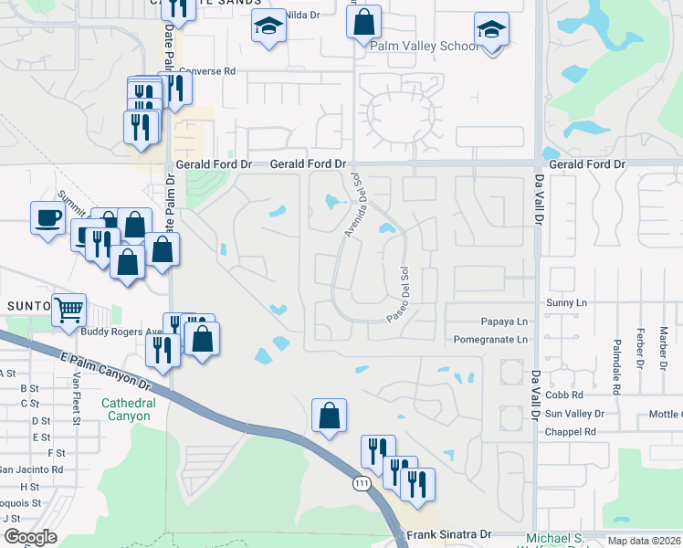 map of restaurants, bars, coffee shops, grocery stores, and more near 36574 Avenue Del Sol in Cathedral City