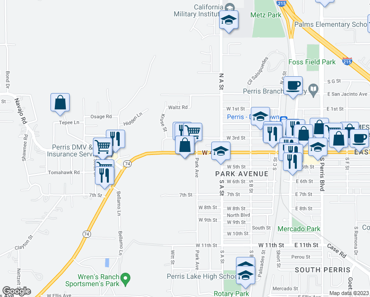 map of restaurants, bars, coffee shops, grocery stores, and more near 540 West 4th Street in Perris
