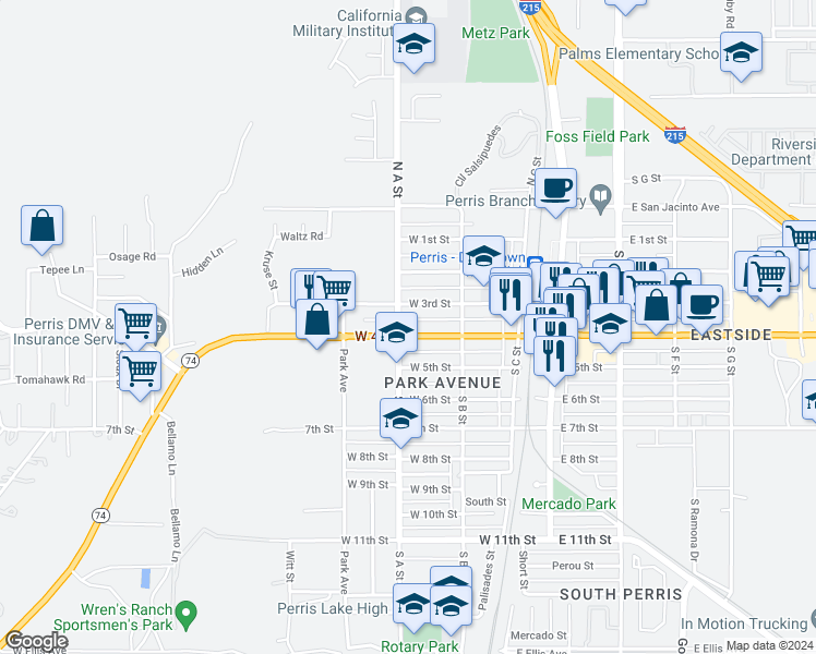 map of restaurants, bars, coffee shops, grocery stores, and more near 378 West 4th Street in Perris