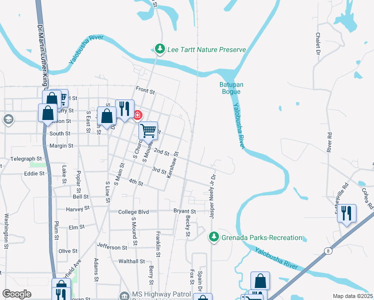 map of restaurants, bars, coffee shops, grocery stores, and more near 643 1st Street in Grenada