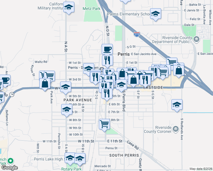 map of restaurants, bars, coffee shops, grocery stores, and more near 334 South D Street in Perris