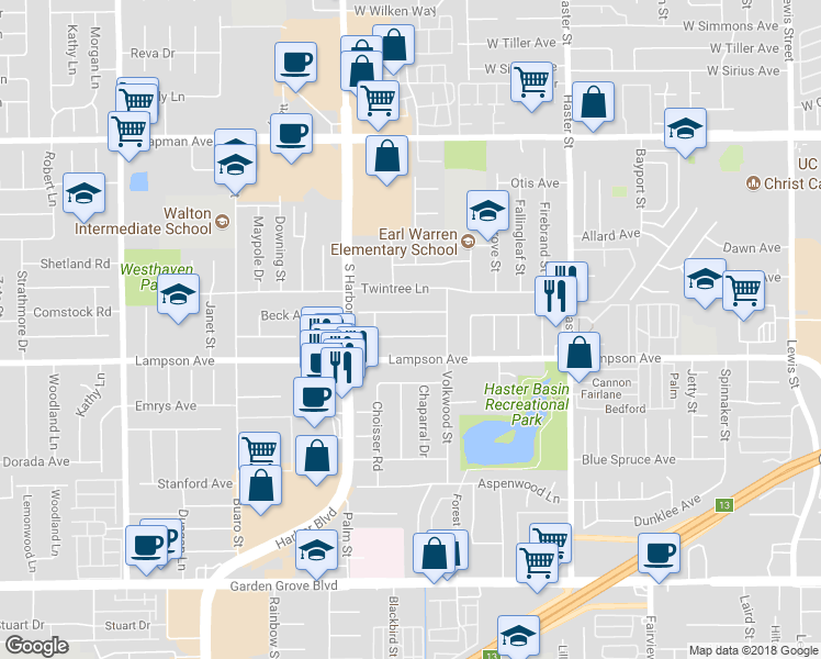 map of restaurants, bars, coffee shops, grocery stores, and more near 12651 Citruswood Avenue in Garden Grove