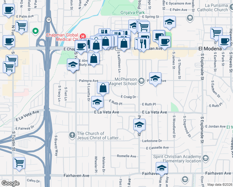 map of restaurants, bars, coffee shops, grocery stores, and more near 363 East Craig Drive in Orange