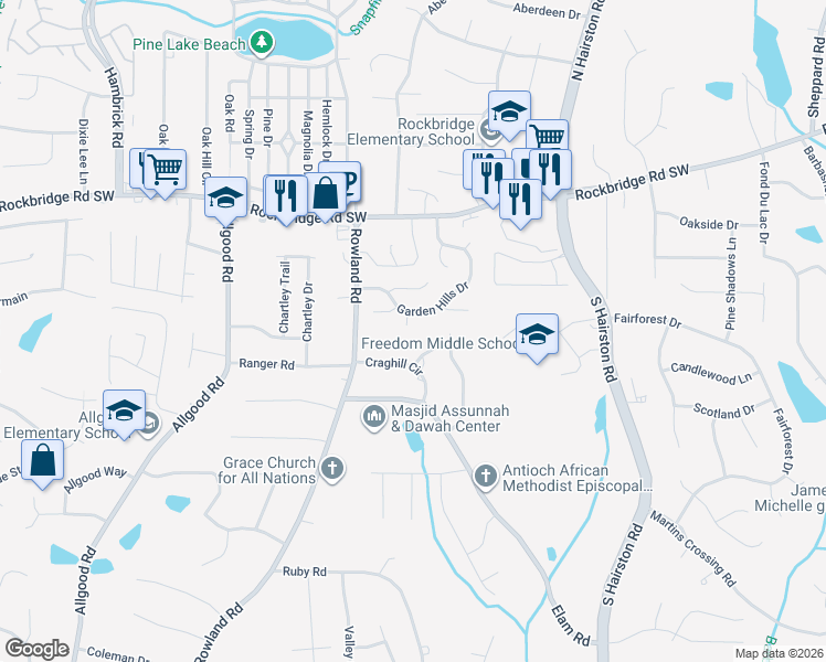 map of restaurants, bars, coffee shops, grocery stores, and more near 4595 Garden Hills Drive in Stone Mountain