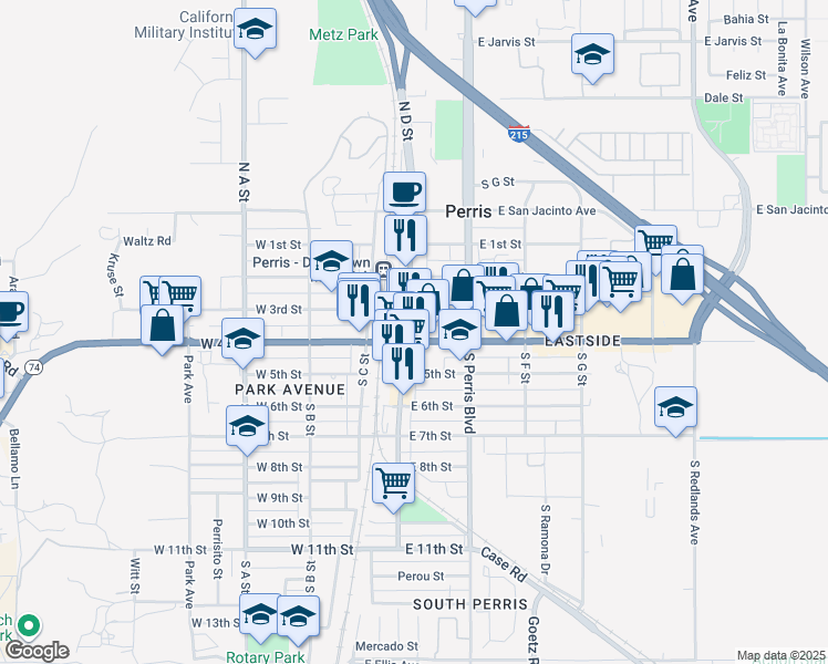 map of restaurants, bars, coffee shops, grocery stores, and more near 2 South D Street in Perris