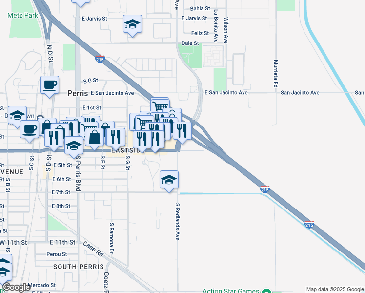 map of restaurants, bars, coffee shops, grocery stores, and more near 570 East 4th Street in Perris