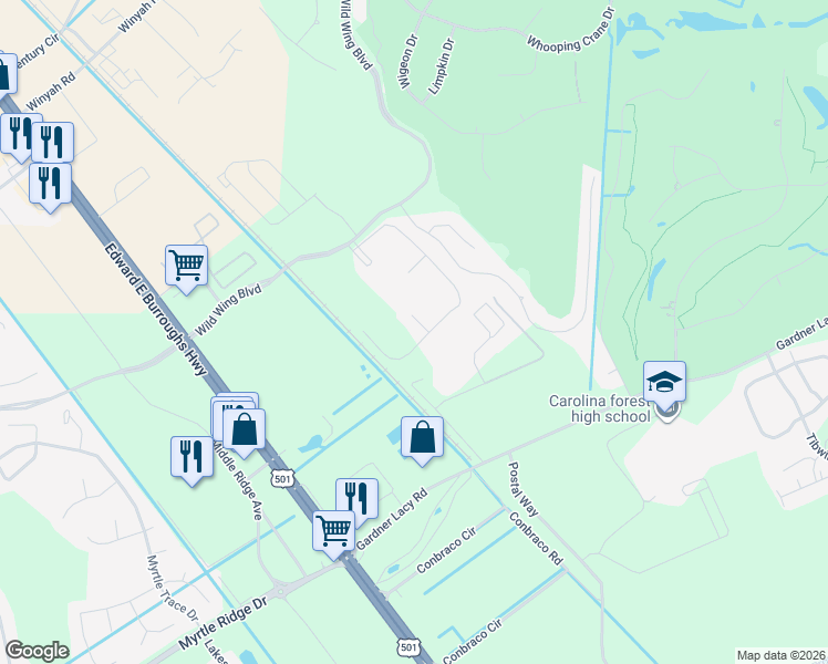 map of restaurants, bars, coffee shops, grocery stores, and more near 334 Kiskadee Loop in Conway