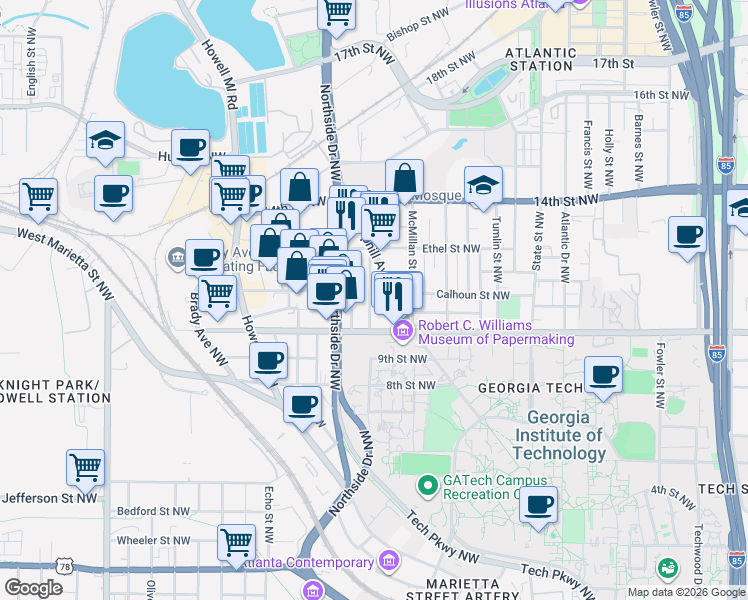 map of restaurants, bars, coffee shops, grocery stores, and more near 1035 Hampton Street Northwest in Atlanta