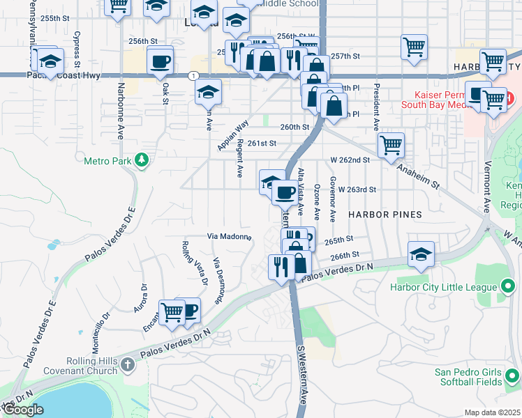 map of restaurants, bars, coffee shops, grocery stores, and more near 26357 Hillcrest Avenue in Lomita