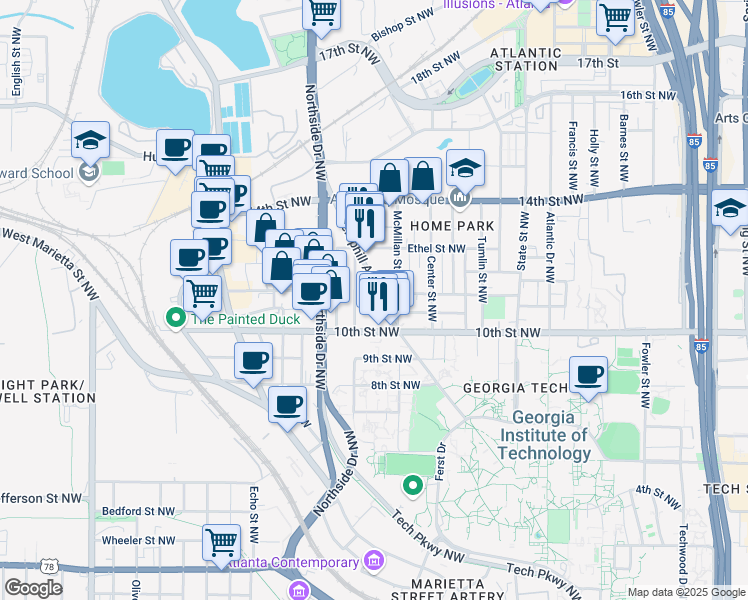 map of restaurants, bars, coffee shops, grocery stores, and more near 1033 Hemphill Avenue Northwest in Atlanta