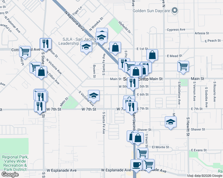 map of restaurants, bars, coffee shops, grocery stores, and more near 360 West 5th Street in San Jacinto