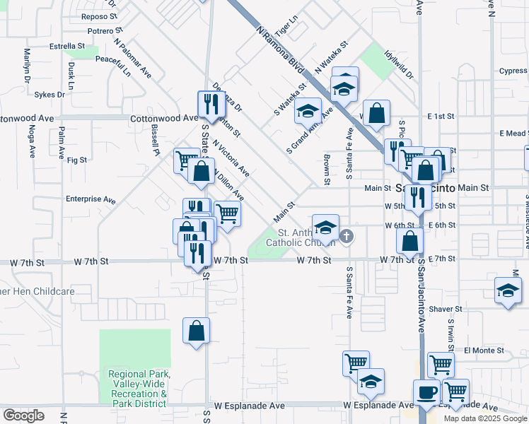 map of restaurants, bars, coffee shops, grocery stores, and more near 121 North Dillon Avenue in San Jacinto