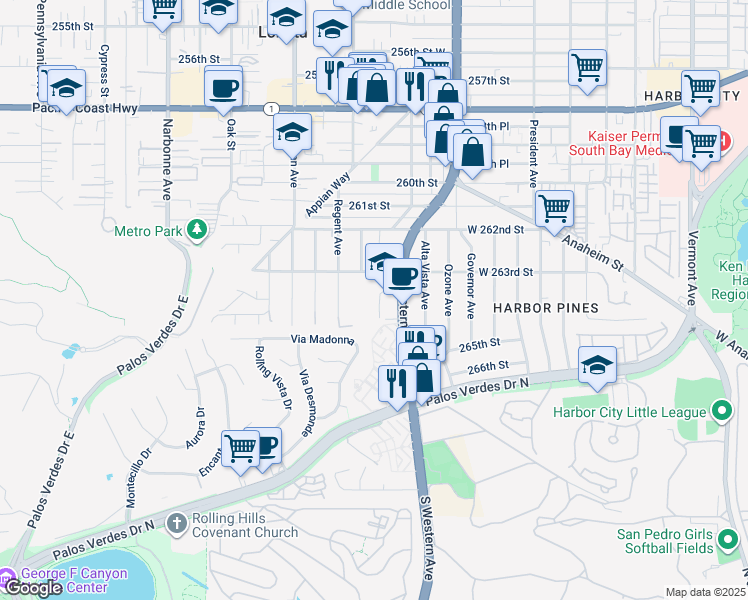 map of restaurants, bars, coffee shops, grocery stores, and more near 26357 Hillcrest Avenue in Lomita