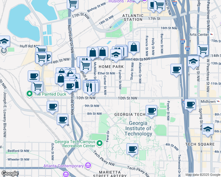 map of restaurants, bars, coffee shops, grocery stores, and more near 453 Calhoun Street Northwest in Atlanta
