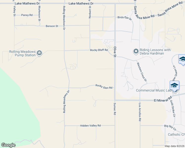 map of restaurants, bars, coffee shops, grocery stores, and more near 16770 Rocky Glen Road in Perris