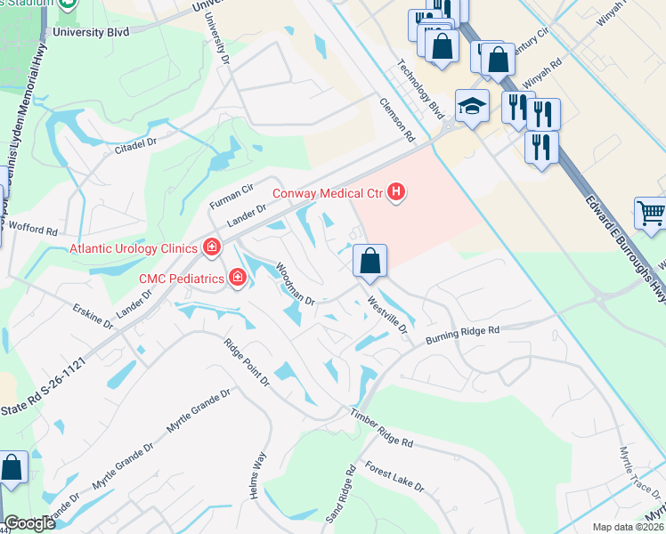 map of restaurants, bars, coffee shops, grocery stores, and more near 175 Westville Drive in Conway