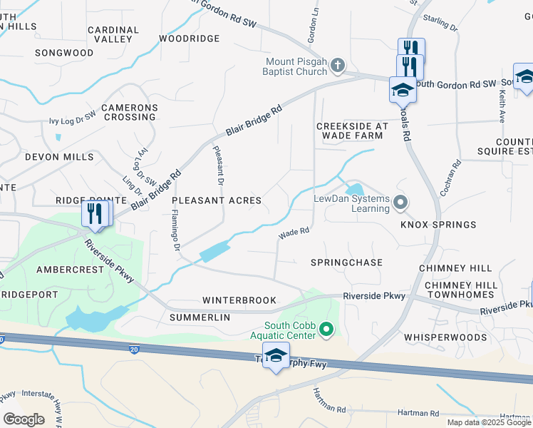map of restaurants, bars, coffee shops, grocery stores, and more near 977 Kathryn Court Southwest in Austell