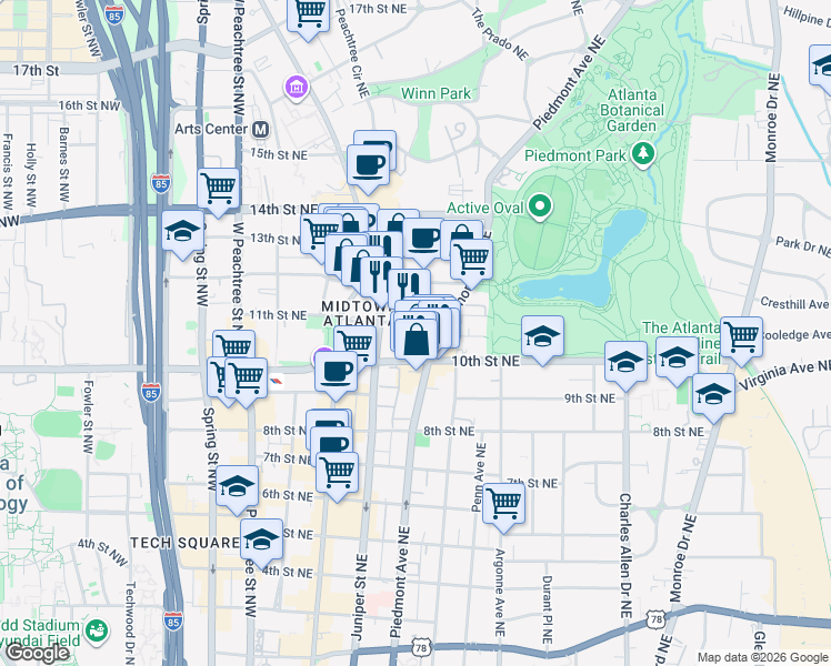 map of restaurants, bars, coffee shops, grocery stores, and more near 1020 Piedmont Avenue Northeast in Atlanta