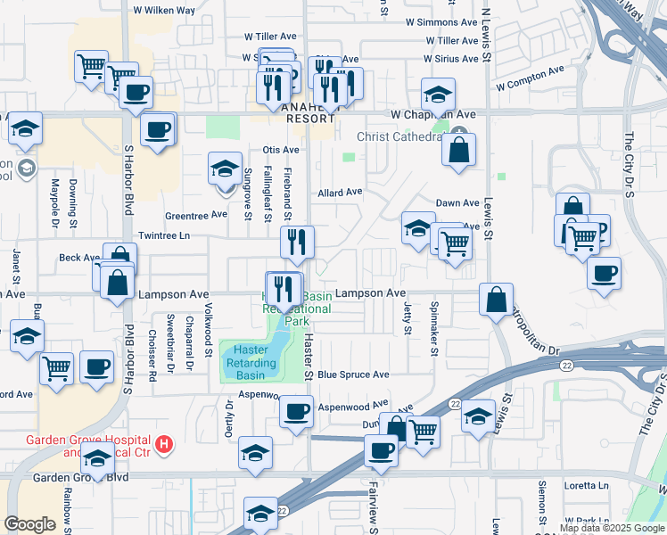 map of restaurants, bars, coffee shops, grocery stores, and more near 13061 Lampson Avenue in Garden Grove