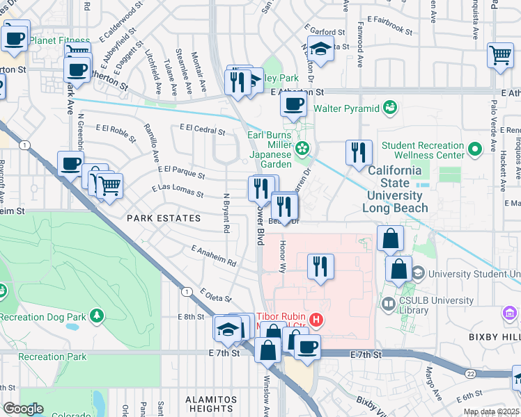map of restaurants, bars, coffee shops, grocery stores, and more near 1288 N Bellflower Blvd in Long Beach