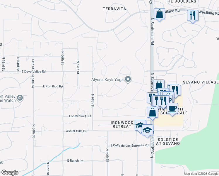 map of restaurants, bars, coffee shops, grocery stores, and more near 6915 East Bramble Berry Lane in Scottsdale