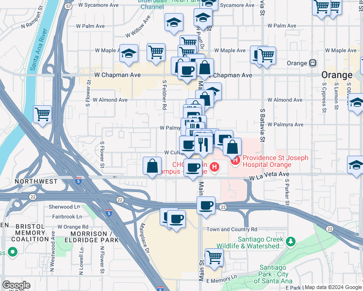 map of restaurants, bars, coffee shops, grocery stores, and more near 374 South Main Street in Orange