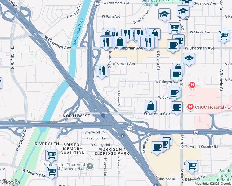 map of restaurants, bars, coffee shops, grocery stores, and more near 400 South Flower Street in Orange