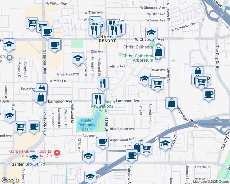 map of restaurants, bars, coffee shops, grocery stores, and more near 13061 Lampson Avenue in Garden Grove