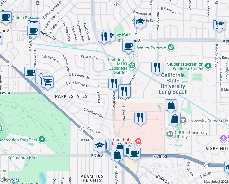map of restaurants, bars, coffee shops, grocery stores, and more near 1288 North Bellflower Boulevard in Long Beach