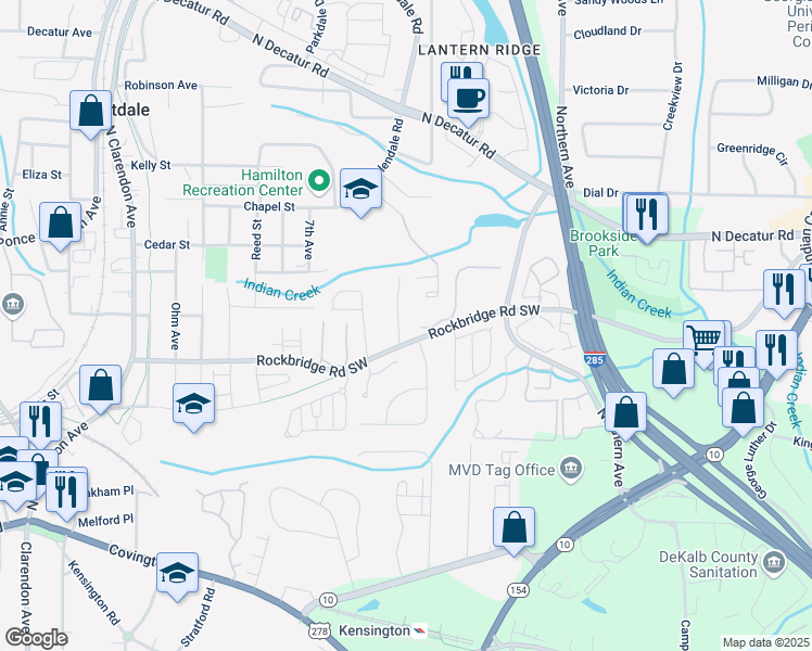 map of restaurants, bars, coffee shops, grocery stores, and more near 267 Somerlane Place in Avondale Estates