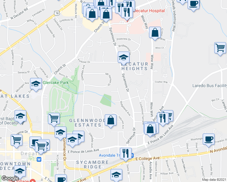 map of restaurants, bars, coffee shops, grocery stores, and more near 163 Mount Vernon Drive in Decatur