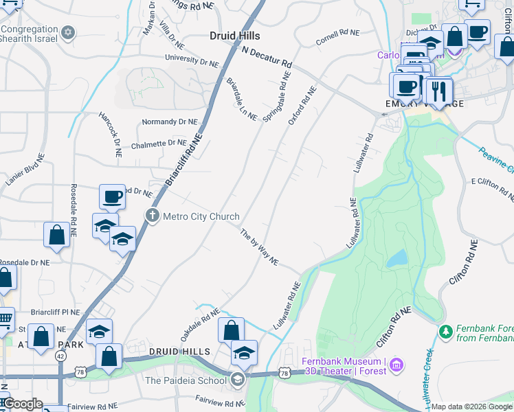 map of restaurants, bars, coffee shops, grocery stores, and more near 1032 Oakdale Road Northeast in Atlanta