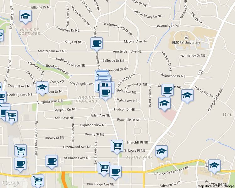 map of restaurants, bars, coffee shops, grocery stores, and more near 1037 Lanier Boulevard Northeast in Atlanta