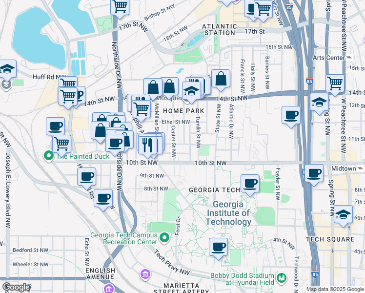 map of restaurants, bars, coffee shops, grocery stores, and more near 453 Calhoun Street Northwest in Atlanta