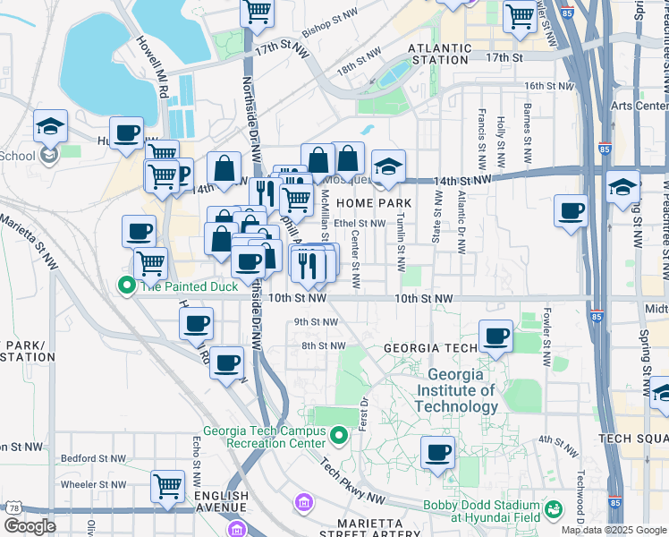 map of restaurants, bars, coffee shops, grocery stores, and more near 499 Calhoun Street Northwest in Atlanta